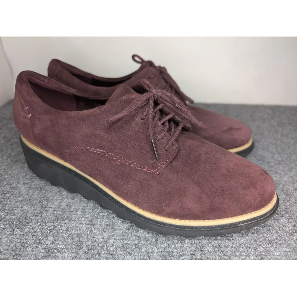 Clarks Women's Sharon Noel Oxford‎ Size 7 Platform Lace Up Shoe Burgundy Suede